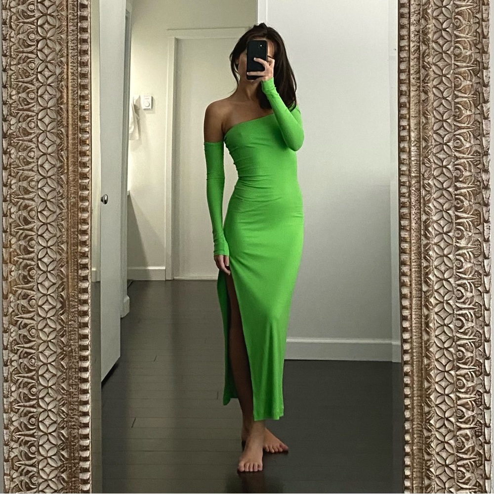 Lama Jouni Off Shoulder Midi Dress in Electric Green NWT